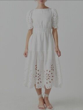 English Factory White Eyelet Puff-Sleeve Midi Dress